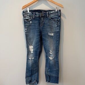 Silver Jeans Distressed Cropped Blue Jeans